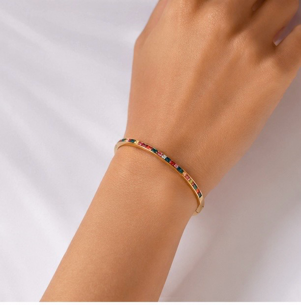Geometric Stainless Steel Bangle Bracelet For Women Rhinestone Jewelry Gold Plated