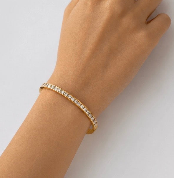 Geometric Stainless Steel Bangle Bracelet For Women Rhinestone Jewelry Gold Plated