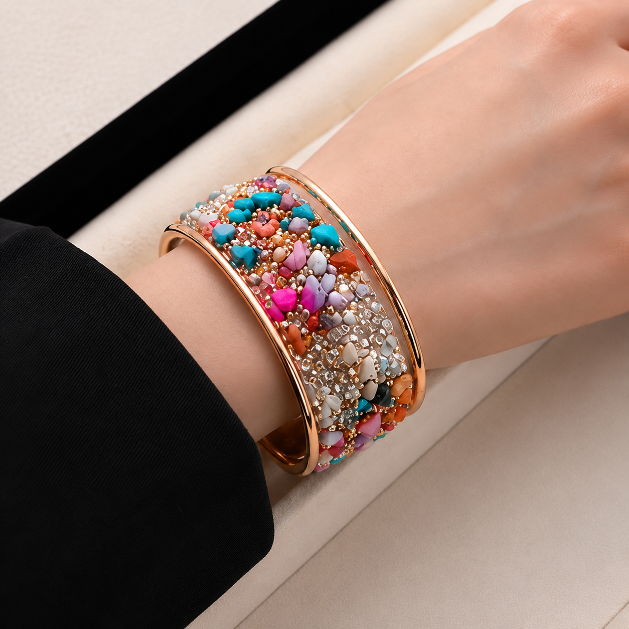Wide Cuff Bangle Bracelet With Colorful Crushed Stones And Rhinestones Bohemian Vintage Open Jewelry For Men Women